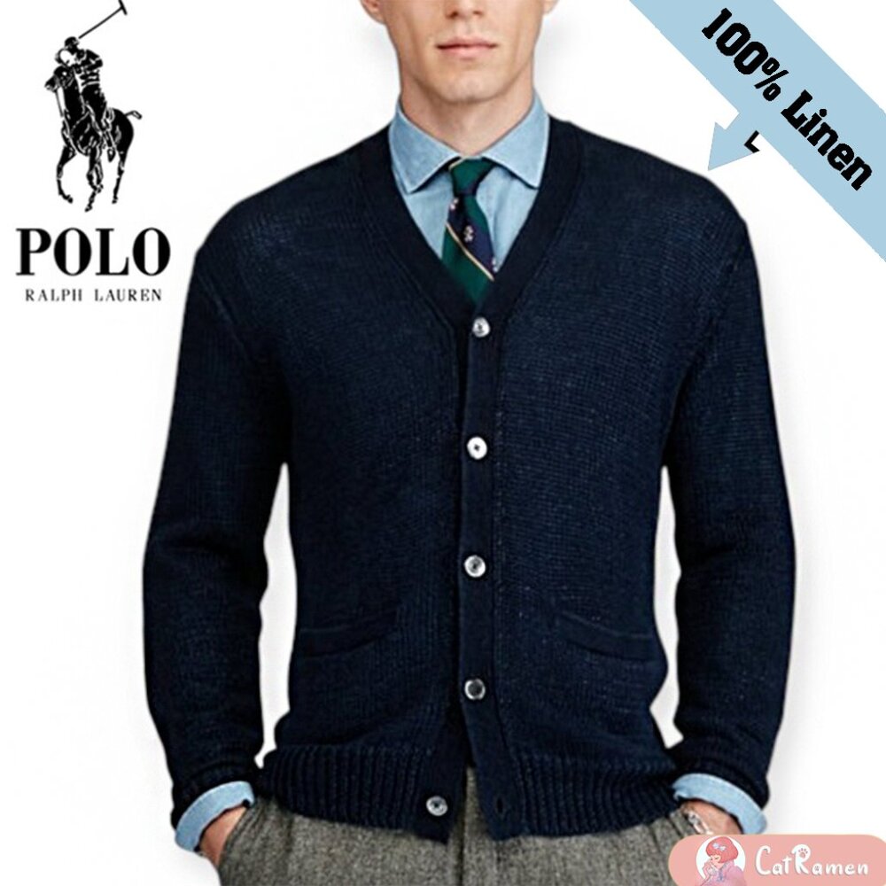 Polo Ralph Lauren 100% Linen Knit V-Neck Cardigan Sweater - Navy Blue - SMALL